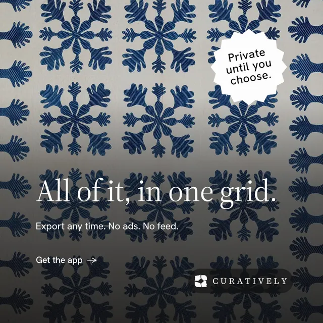 Instagram post for Curatively: "All of it, in one grid." Minimal luxury style, sticker layout, dark palette in grey, black.