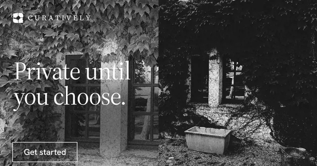 Social ad for Curatively: "Private until you choose." Editorial style, bottom layout, dark palette in grey, black.