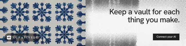 LinkedIn banner for Curatively: "Keep a vault for each thing you make." Swiss style, right layout, light palette in grey, white.
