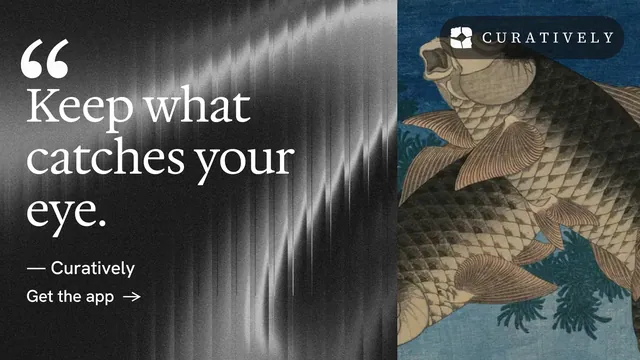 Landscape graphic for Curatively: "Find it by colour." Minimal luxury style, quote layout, dark palette in black, grey, blue.