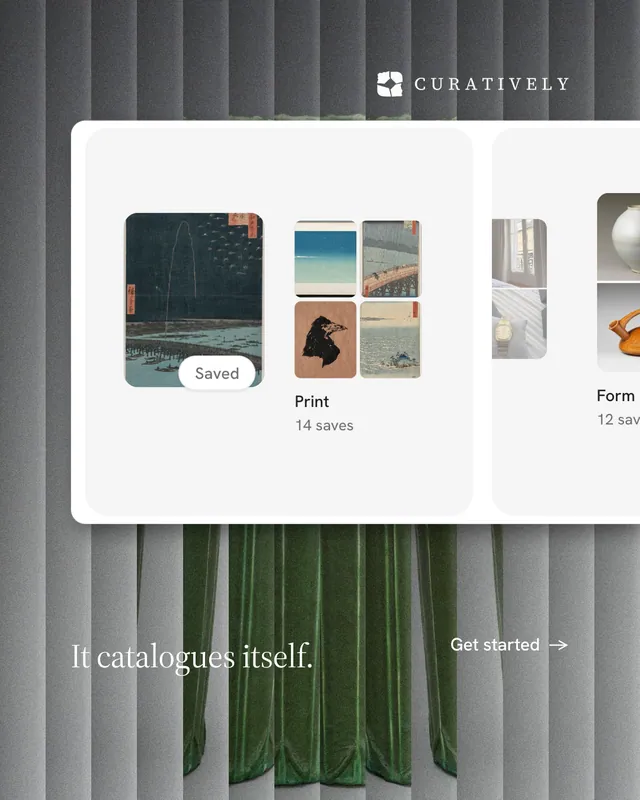 Instagram portrait post for Curatively: "It catalogues itself." Minimal luxury style, image led layout, light palette in grey, white.