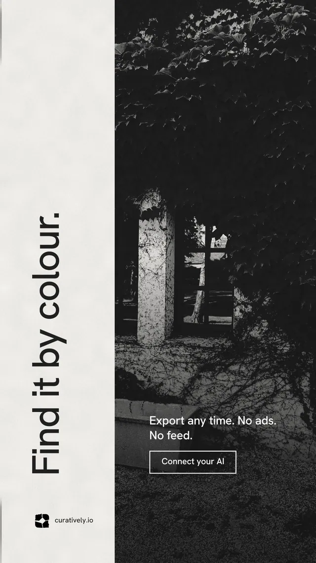 Instagram story for Curatively: "Find it by colour." Editorial style, vertical layout, dark palette in black, white, grey.