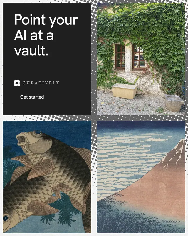 Instagram portrait post for Curatively: "Point your AI at a vault." Swiss style, collage layout, dark palette in black, grey.