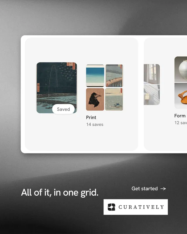 Instagram portrait post for Curatively: "All of it, in one grid." Minimal luxury style, image led layout, light palette in white, black, grey.