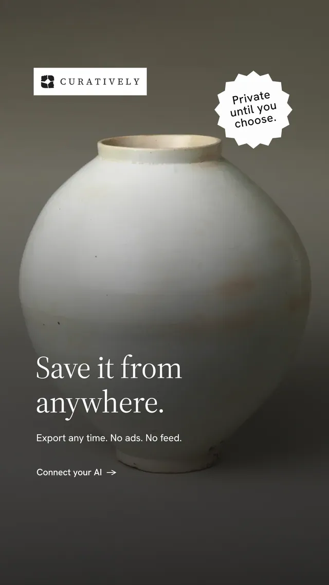 Instagram story for Curatively: "Save it from anywhere." Minimal luxury style, sticker layout, dark palette in grey, black.