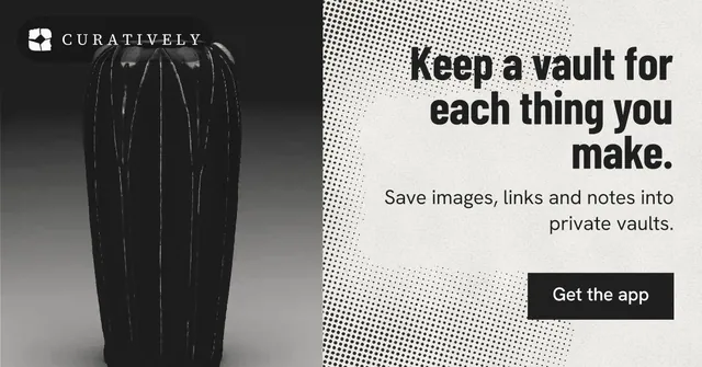 Social ad for Curatively: "Keep a vault for each thing you make." Retro print style, right layout, light palette in white, black, grey.