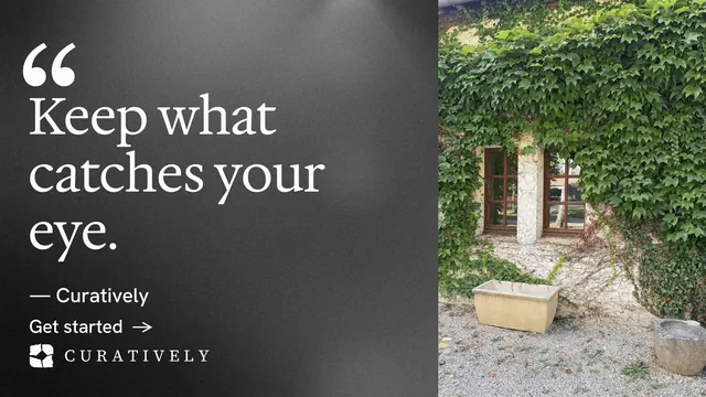 Landscape graphic for Curatively: "Saved, sorted and yours." Minimal luxury style, quote layout, dark palette in grey, black.