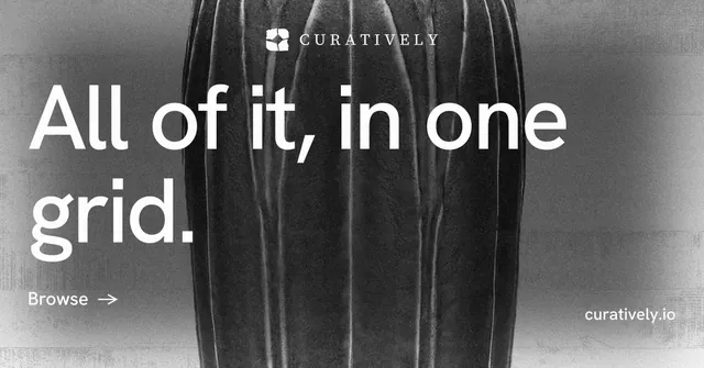 Social ad for Curatively: "All of it, in one grid." Minimal luxury style, poster layout, dark palette in black, grey.