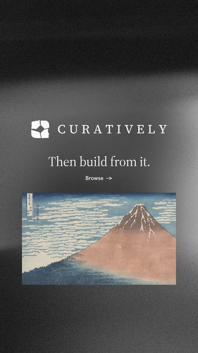 Instagram story for Curatively: "Then build from it." Minimal luxury style, logo hero layout, dark palette in grey, black.