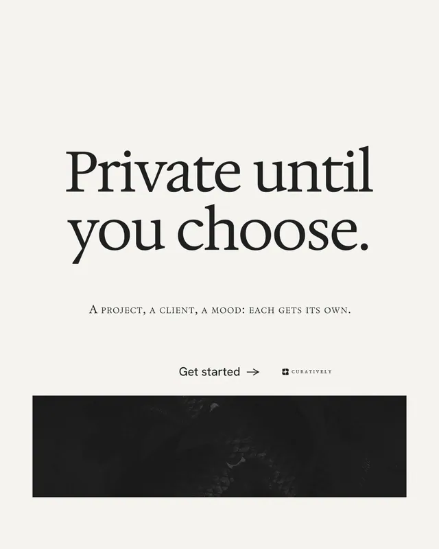 Instagram portrait post for Curatively: "Private until you choose." Swiss style, smallcaps layout, light palette in white, black, grey.