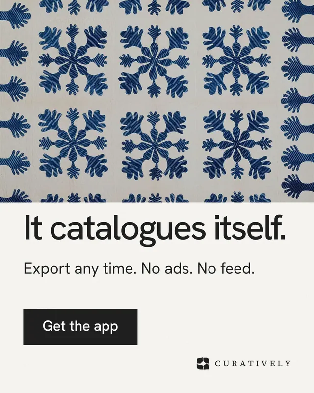 Instagram portrait post for Curatively: "It catalogues itself." Swiss style, skeleton layout, light palette in white, blue, grey.