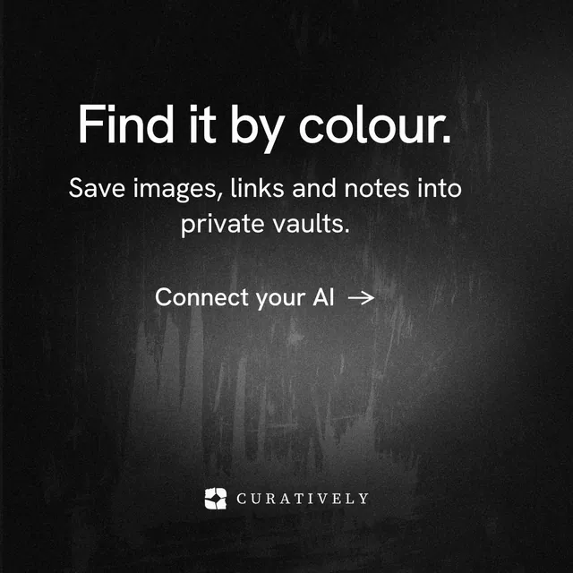 Instagram post for Curatively: "Find it by colour." Minimal luxury style, skeleton layout, dark palette in black, grey.