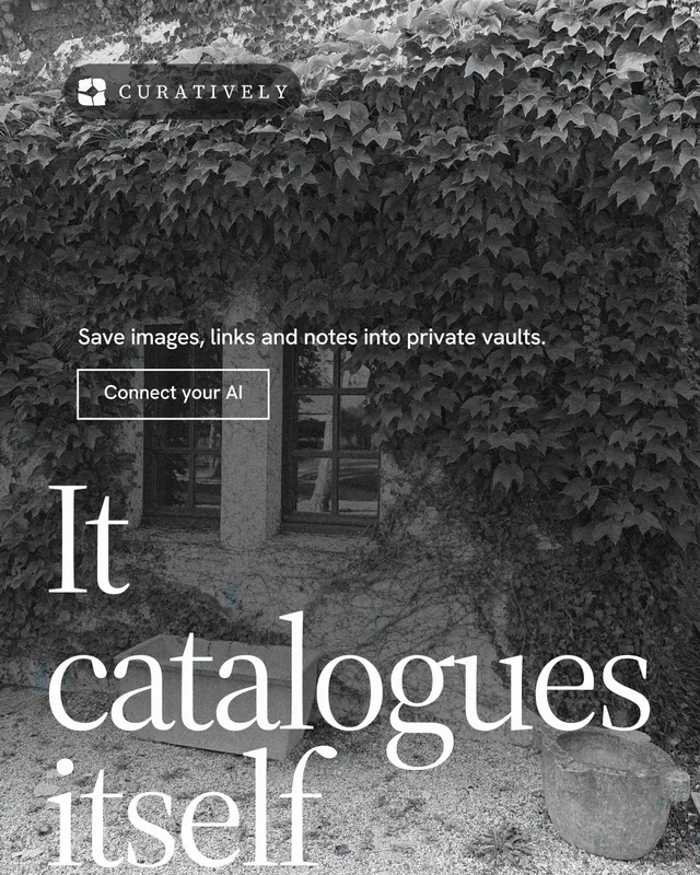 Instagram portrait post for Curatively: "Point your AI at a vault." Editorial style, oversized layout, dark palette in black, grey.