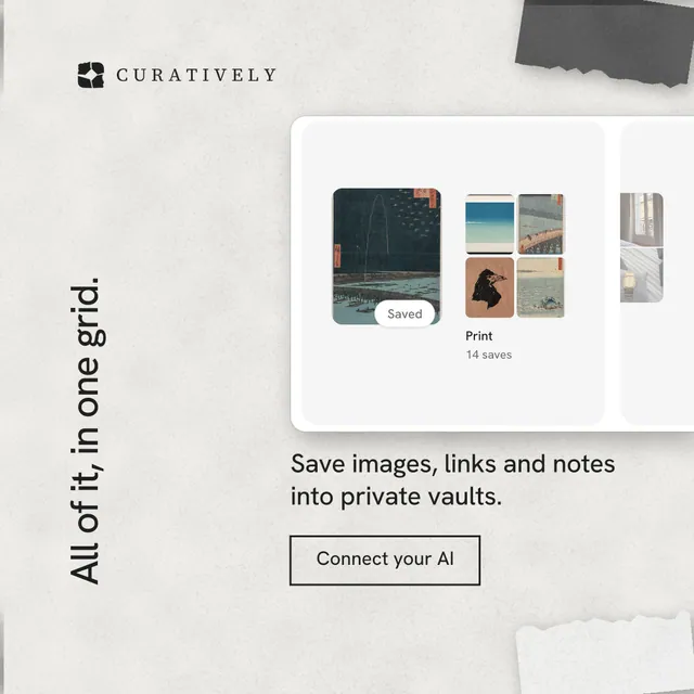 Instagram post for Curatively: "All of it, in one grid." Editorial style, vertical layout, light palette in white, grey.