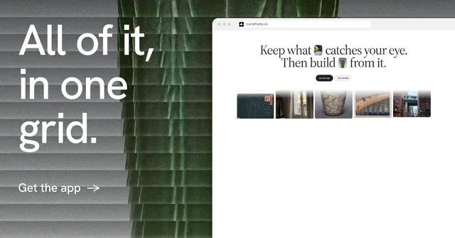 Social ad for Curatively: "All of it, in one grid." Minimal luxury style, browser layout, light palette in white, black, grey.