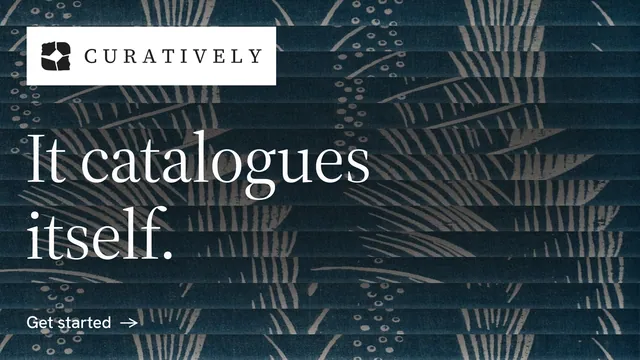 Landscape graphic for Curatively: "It catalogues itself." Minimal luxury style, announce layout, dark palette in blue, grey.
