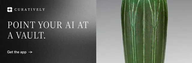 X header for Curatively: "Point your AI at a vault." Minimal luxury style, bottom layout, dark palette in grey, black.