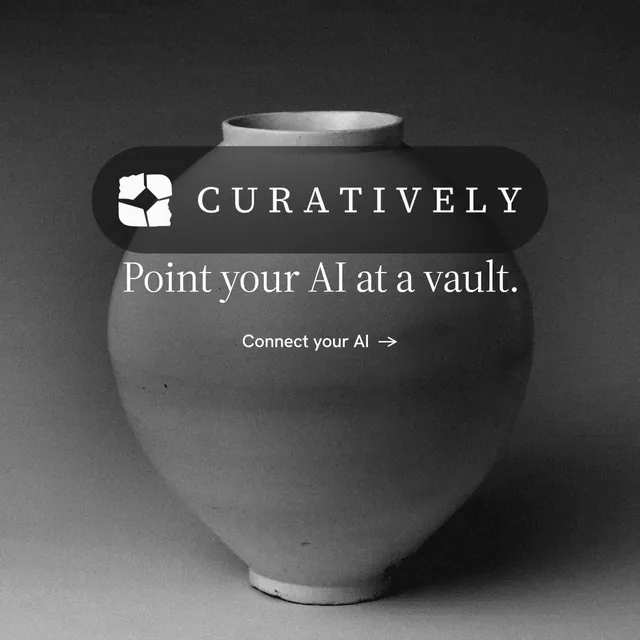 Instagram post for Curatively: "Point your AI at a vault." Minimal luxury style, logo hero layout, dark palette in black, grey.