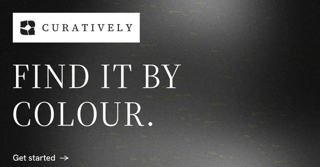 Social ad for Curatively: "Find it by colour." Minimal luxury style, announce layout, dark palette in black, grey.