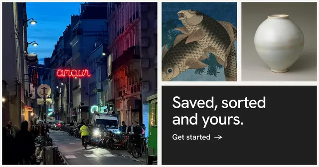 Social ad for Curatively: "Saved, sorted and yours." Minimal luxury style, collage layout, dark palette in black, grey.