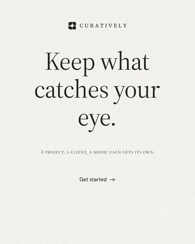 Instagram portrait post for Curatively: "Keep what catches your eye." Minimal luxury style, smallcaps layout, light palette in white, grey.