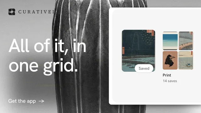Landscape graphic for Curatively: "All of it, in one grid." Minimal luxury style, bottom layout, light palette in grey, black, white.