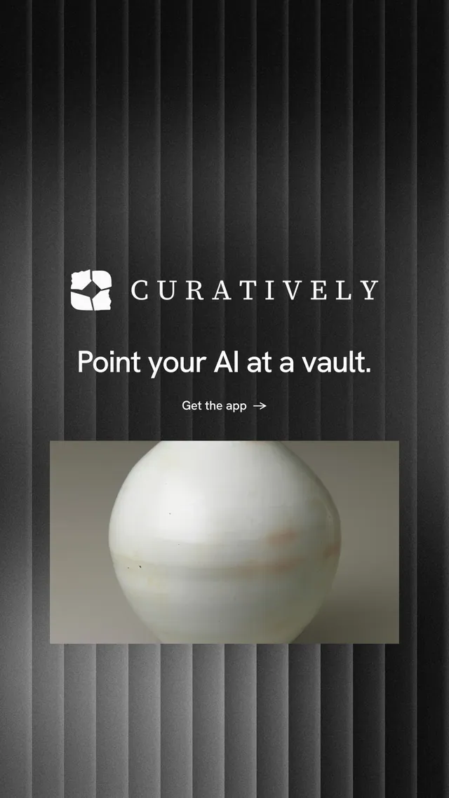 Instagram story for Curatively: "Point your AI at a vault." Minimal luxury style, logo hero layout, dark palette in black, grey.