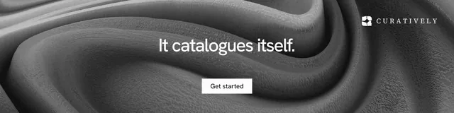LinkedIn banner for Curatively: "It catalogues itself." Swiss style, centred layout, dark palette in grey, black.