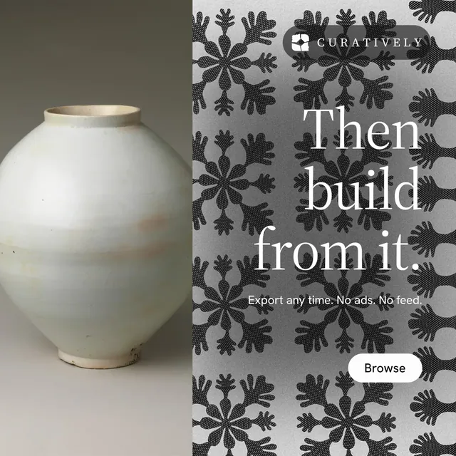 Instagram post for Curatively: "Then build from it." Photo poster style, right layout, light palette in grey, black, white.