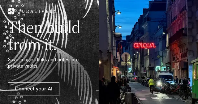 Social ad for Curatively: "Then build from it." Editorial style, bottom layout, dark palette in grey, black, pink.