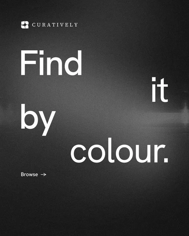 Instagram portrait post for Curatively: "Find it by colour." Minimal luxury style, stacked layout, dark palette in black, grey.
