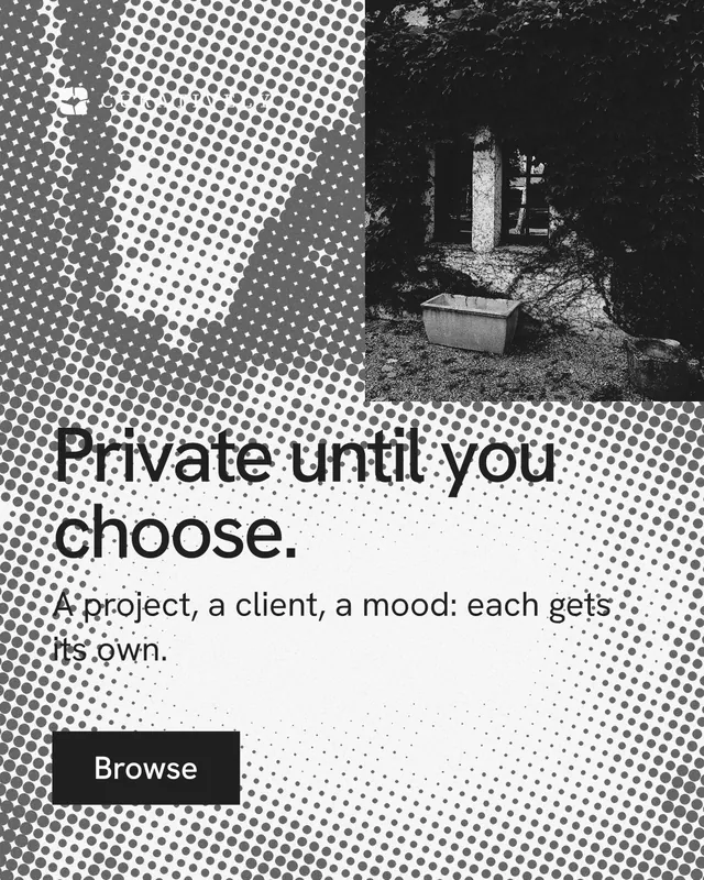 Instagram portrait post for Curatively: "Private until you choose." Swiss style, skeleton layout, light palette in grey, black, white.