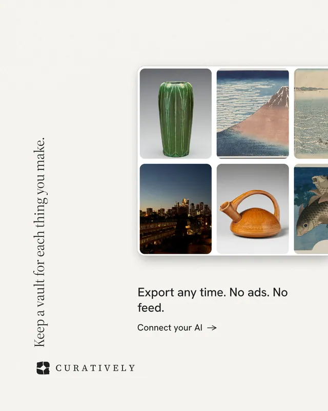 Instagram portrait post for Curatively: "Keep a vault for each thing you make." Minimal luxury style, vertical layout, light palette in white, grey.