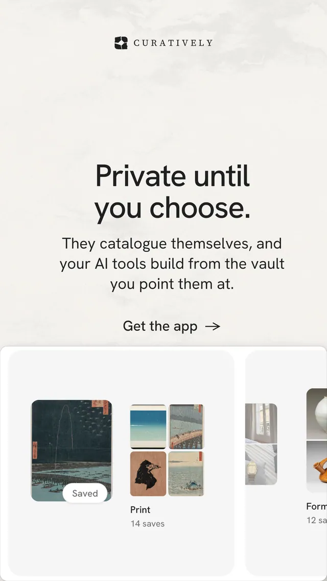 Instagram story for Curatively: "Private until you choose." Minimal luxury style, skeleton layout, light palette in white, grey.