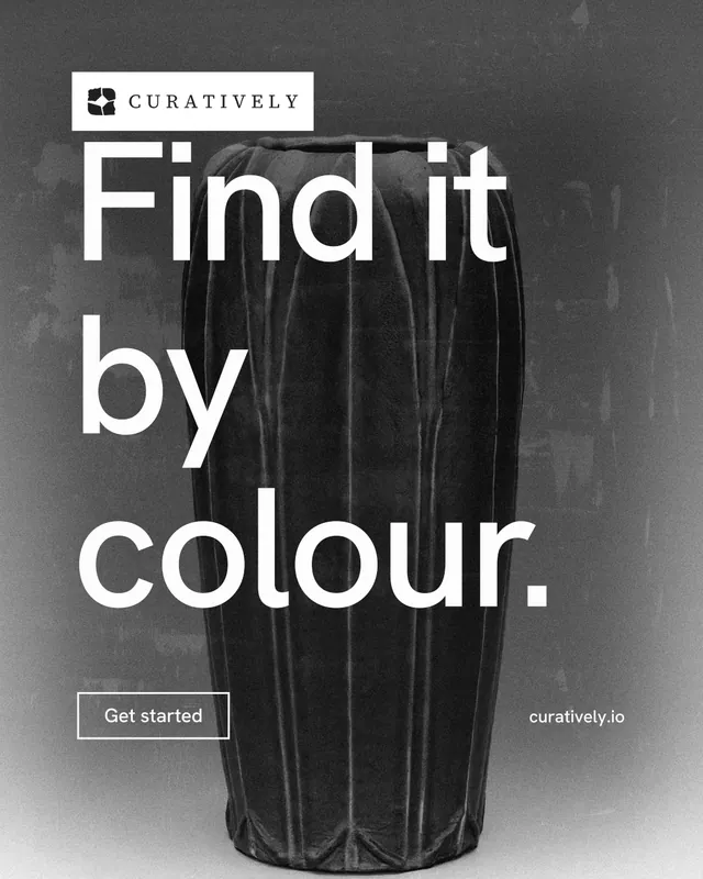 Instagram portrait post for Curatively: "Find it by colour." Editorial style, poster layout, dark palette in grey, black, white.