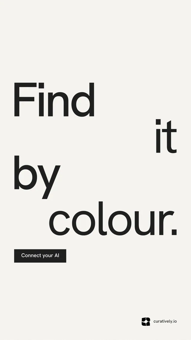 Instagram story for Curatively: "Find it by colour." Swiss style, stacked layout, light palette in white, grey.
