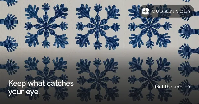 Social ad for Curatively: "Keep what catches your eye." Minimal luxury style, image led layout, dark palette in grey, blue.