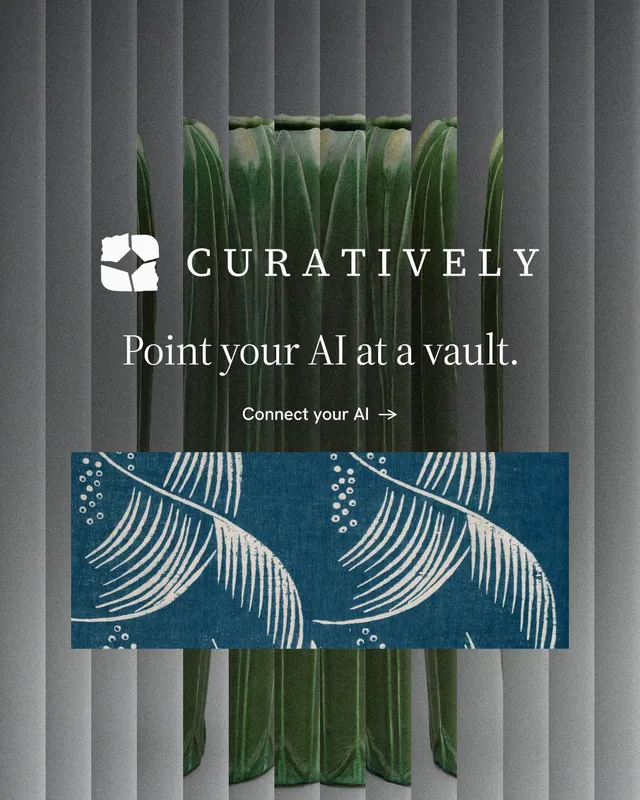 Instagram portrait post for Curatively: "Point your AI at a vault." Minimal luxury style, logo hero layout, dark palette in grey, black.
