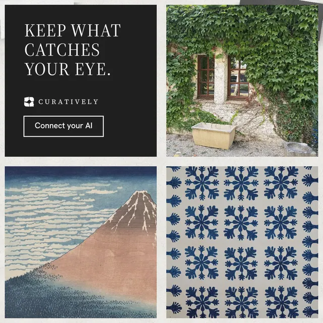 Instagram post for Curatively: "Keep what catches your eye." Editorial style, collage layout, light palette in grey, black, white.
