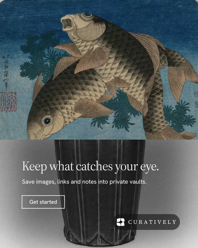 Instagram portrait post for Curatively: "Keep what catches your eye." Editorial style, bottom layout, dark palette in grey, black, blue.