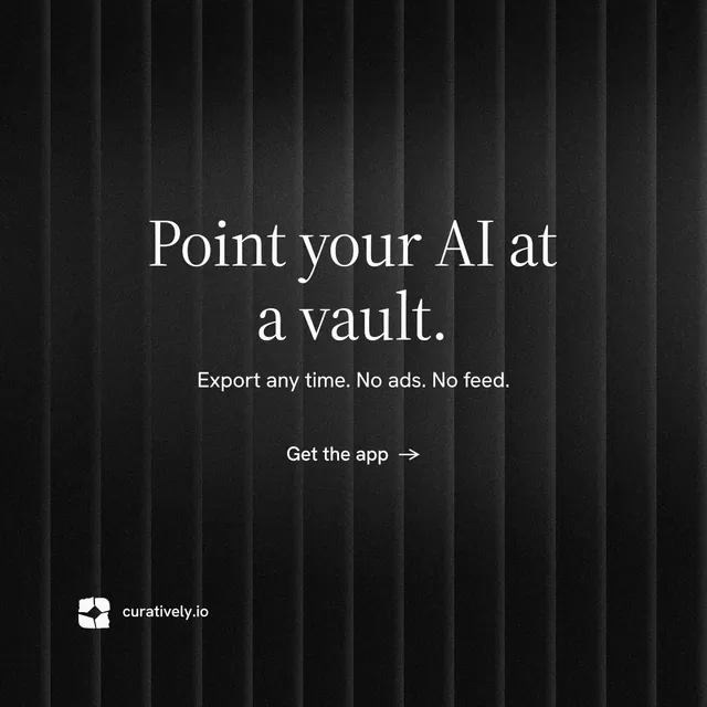 Instagram post for Curatively: "Point your AI at a vault." Minimal luxury style, centred layout, dark palette in black, grey.