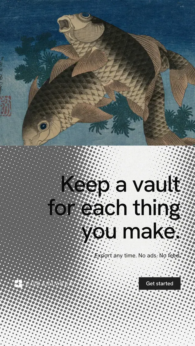 Instagram story for Curatively: "Keep a vault for each thing you make." Swiss style, right layout, light palette in grey, blue, white.