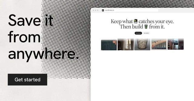 Social ad for Curatively: "Save it from anywhere." Swiss style, browser layout, light palette in white, grey.