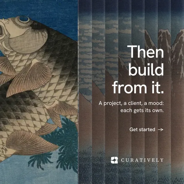 Instagram post for Curatively: "Then build from it." Minimal luxury style, right layout, dark palette in grey, black.