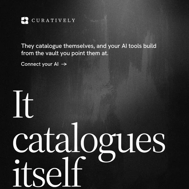Instagram post for Curatively: "Saved, sorted and yours." Minimal luxury style, oversized layout, dark palette in black, grey.