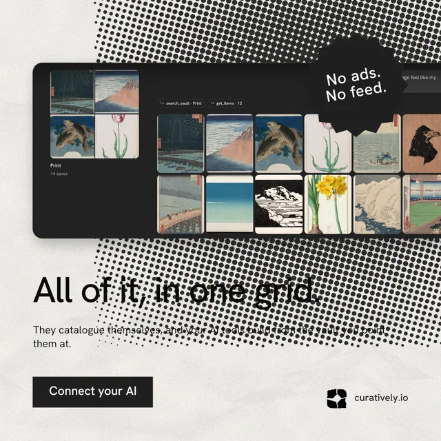 Instagram post for Curatively: "All of it, in one grid." Swiss style, sticker layout, light palette in grey, black, white.