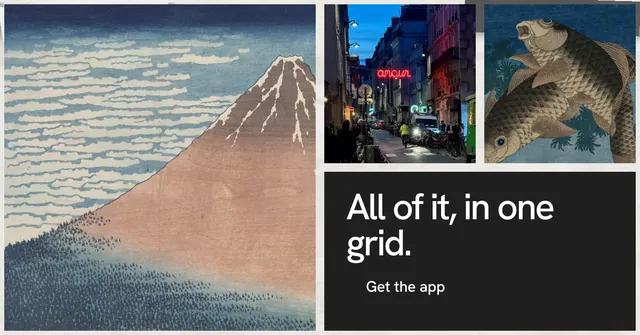 Social ad for Curatively: "All of it, in one grid." Swiss style, collage layout, light palette in black, grey, orange.