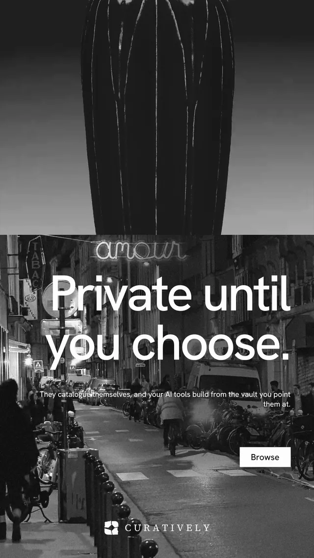 Instagram story for Curatively: "Private until you choose." Swiss style, right layout, dark palette in black, grey.