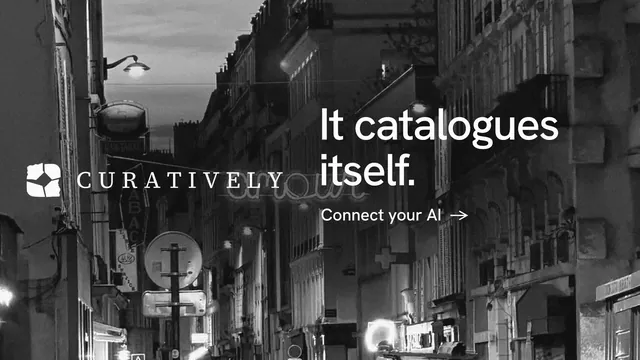 Landscape graphic for Curatively: "It catalogues itself." Minimal luxury style, logo hero layout, dark palette in grey, black.