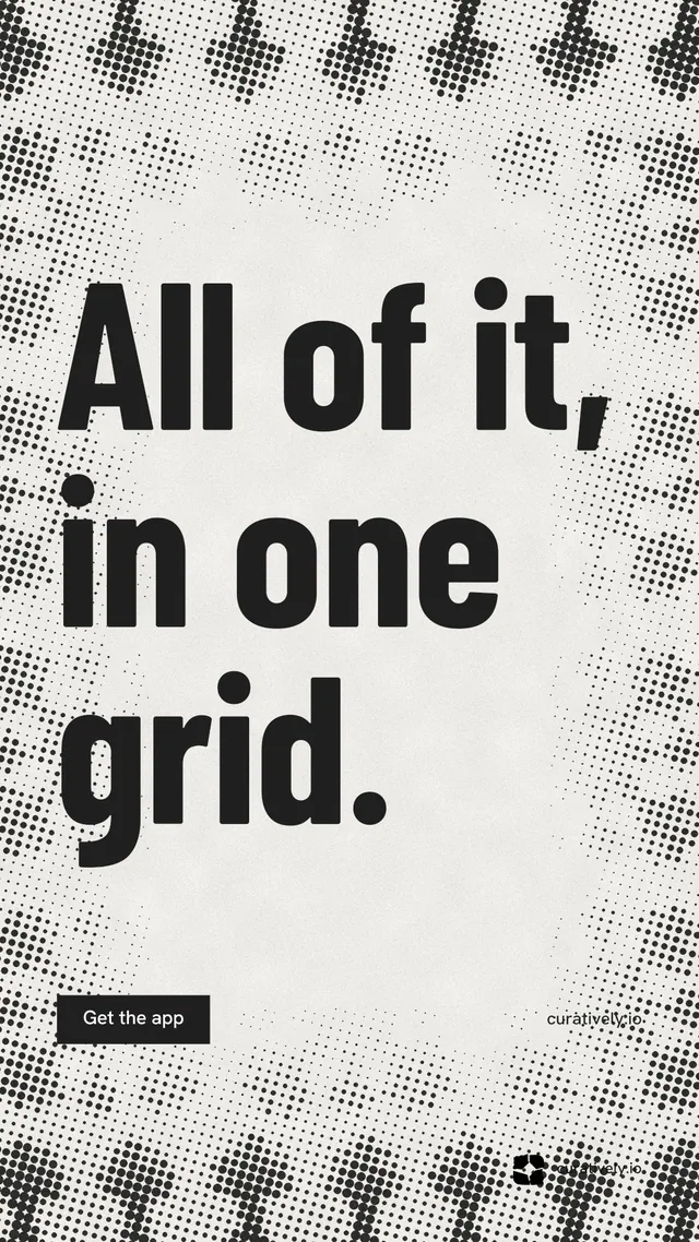 Instagram story for Curatively: "All of it, in one grid." Retro print style, poster layout, light palette in grey, white.
